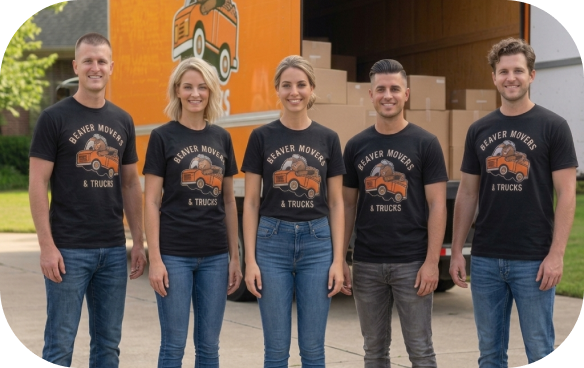 Beaver Movers & Trucks team in branded shirts in front of the moving truck