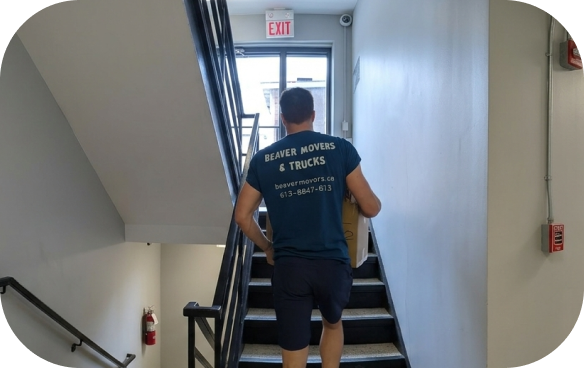 Beaver Movers & Trucks mover carrying a box up an indoor stairwell toward a glass exit door
