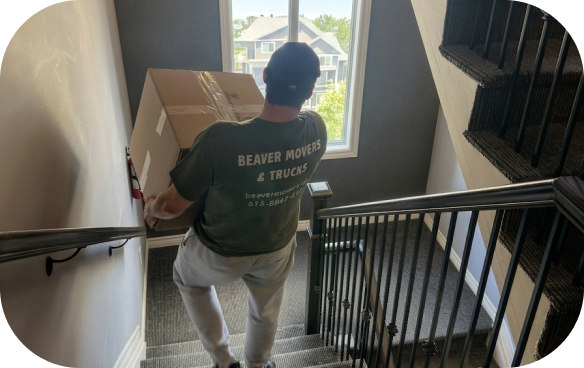 Beaver mover in branded shirt carrying a large taped box down a carpeted staircase