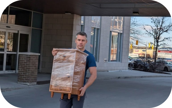 A Beaver Movers mover carrying a small wooden nightstand fully wrapped in clear plastic stretch wrap, standing outside a modern building entrance on a concrete walkway