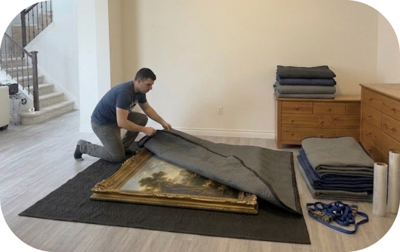 A Beaver Movers professional kneeling on a light wood floor, carefully wrapping a large ornate gold-framed painting with a quilted grey moving blanket, with rolls of shrink wrap and stacked blankets nearby in a bright home interior